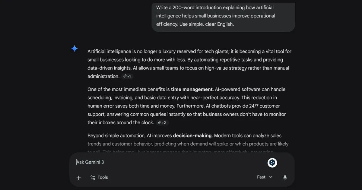 Gemini AI interface generating research summary and writing output