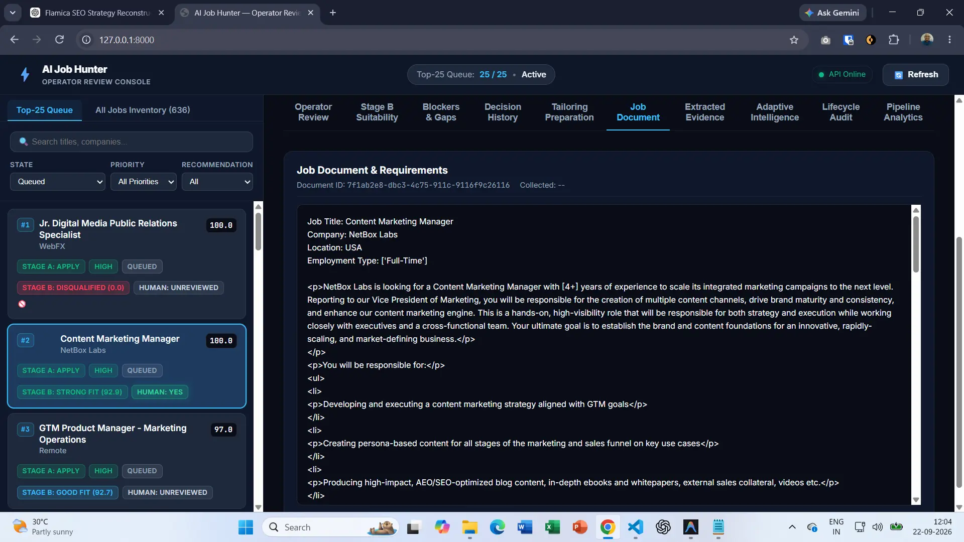 AI Job Hunter job search system showing the original job document and requirements behind an opportunity record