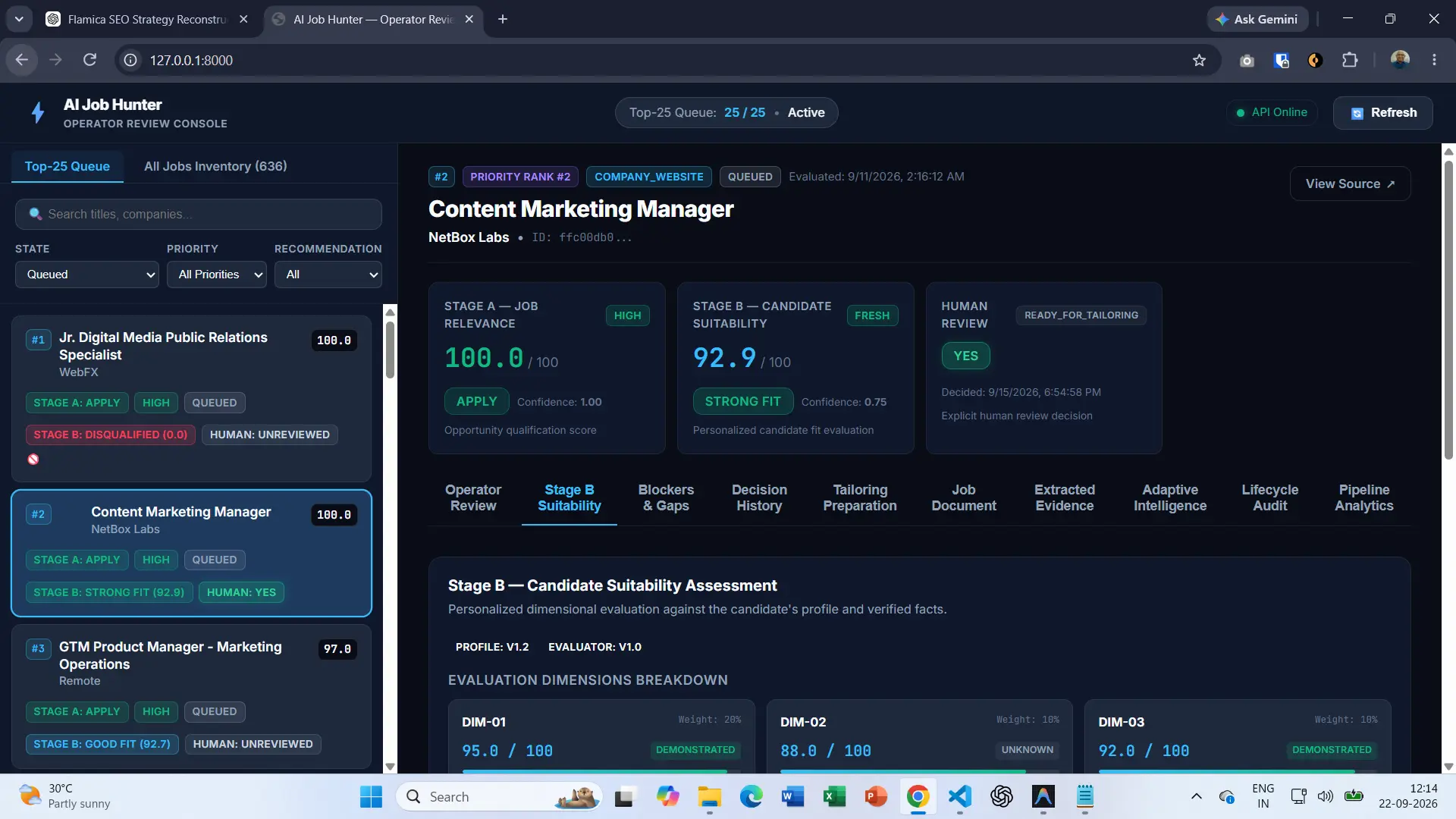 AI Job Hunter Stage B candidate suitability assessment showing a 92.9 strong fit result