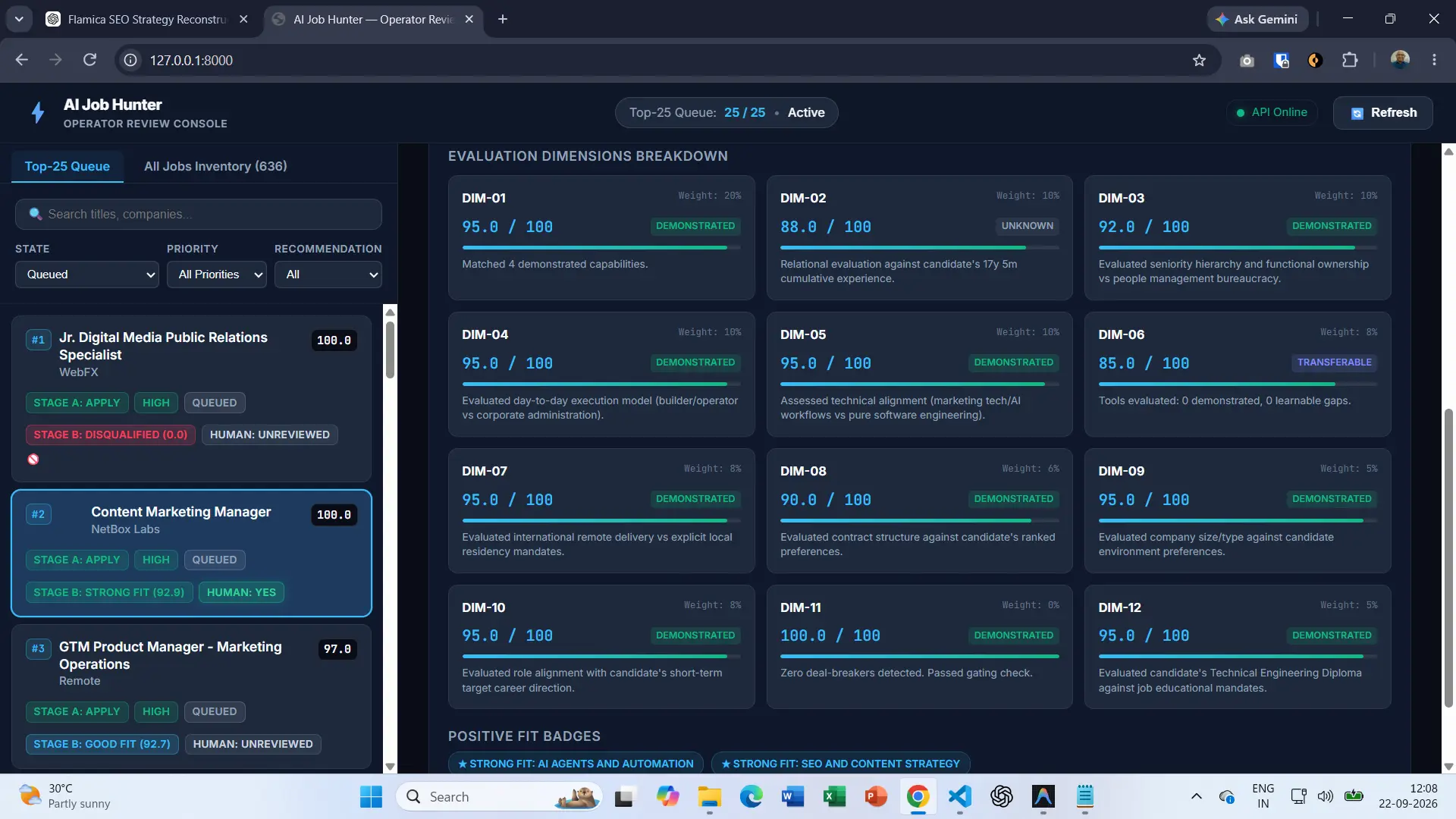 AI Job Hunter Stage B candidate suitability evaluation showing weighted assessment dimensions