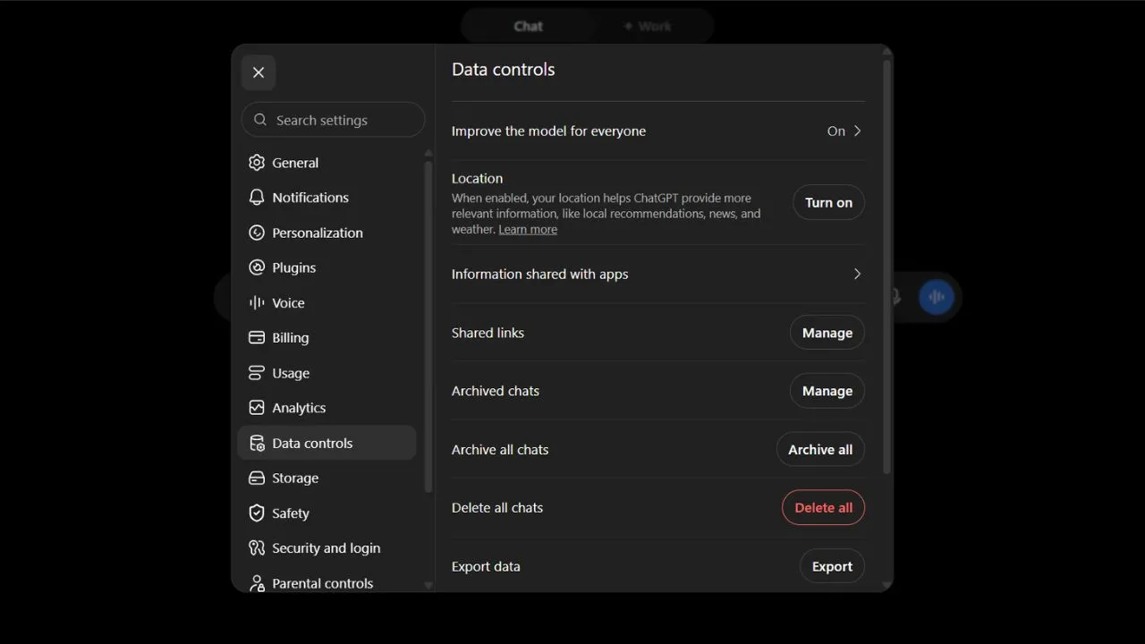 ChatGPT Data Controls showing model improvement and data management settings