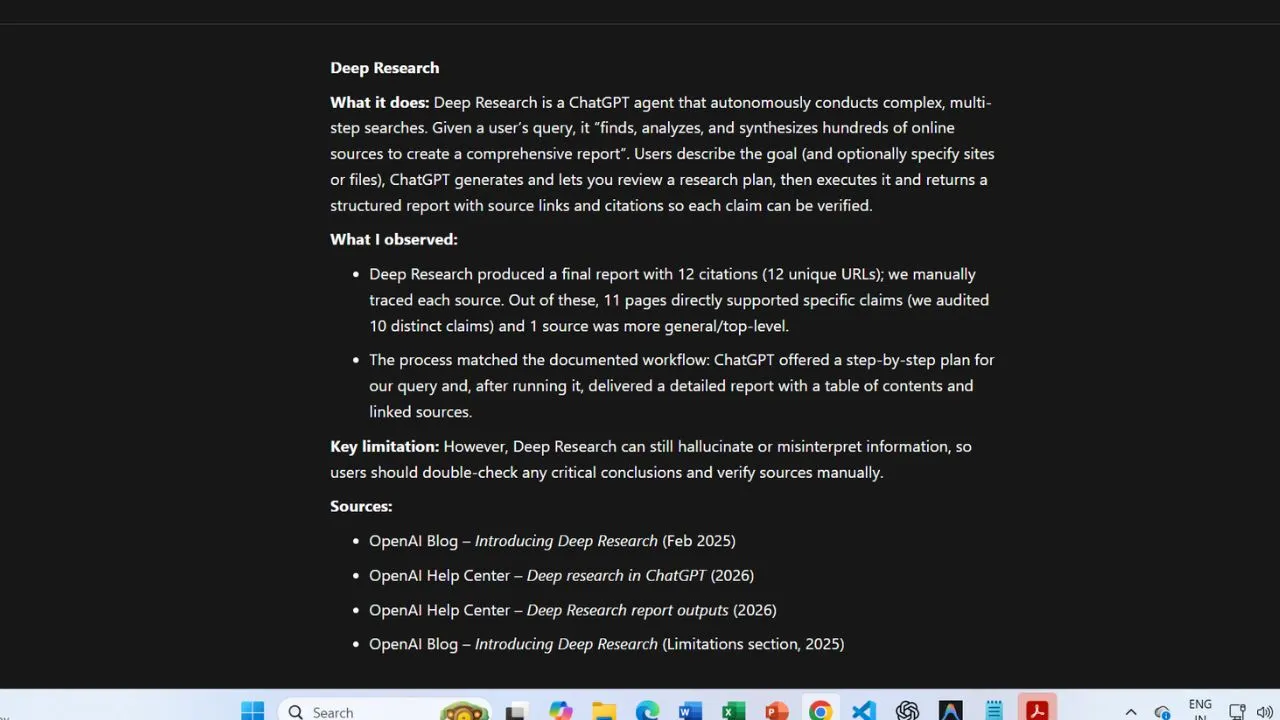 ChatGPT Deep Research workflow showing a research report with citations